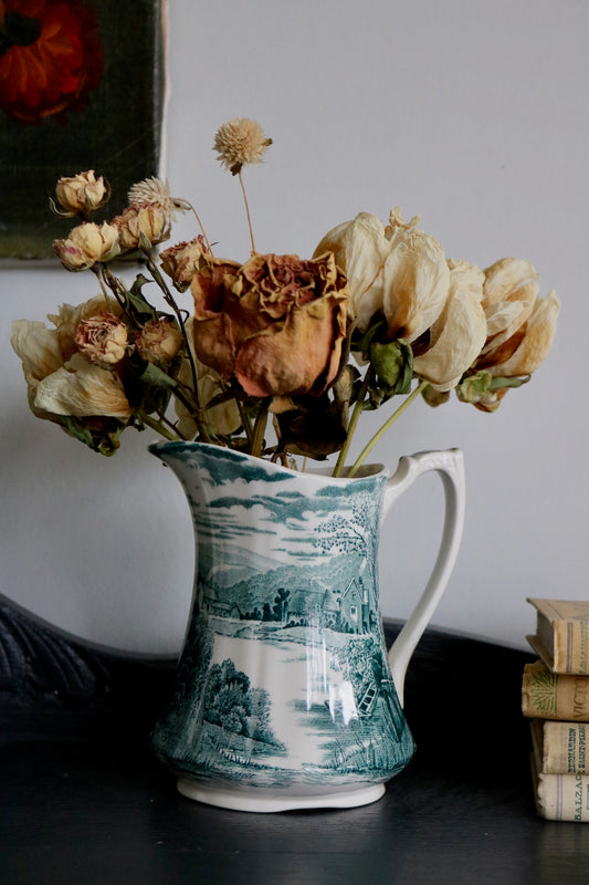 Vintage English teal transfer ware water pitcher jug by Alfred Meakin