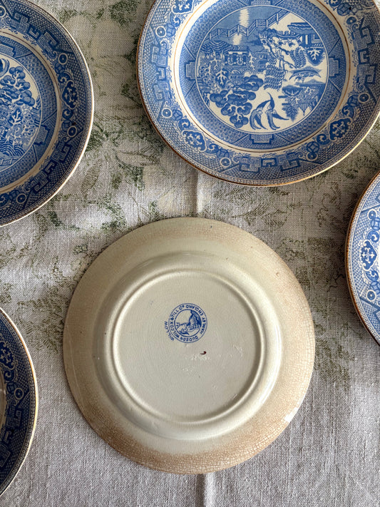 Antique English blue transferware side plates, Dudson Wilcox & Till, set of 5