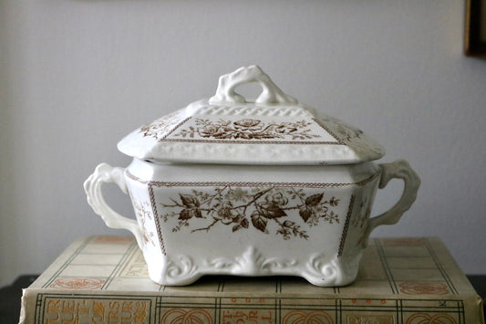 antique English brown transferware biscuit jar / serving dish