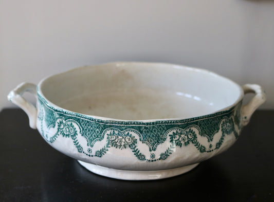 Antique English green transferware tureen