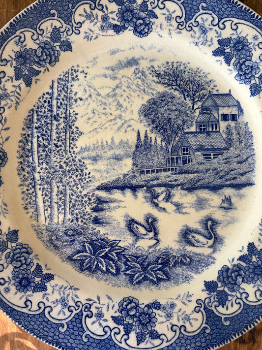 blue and white transferware plate