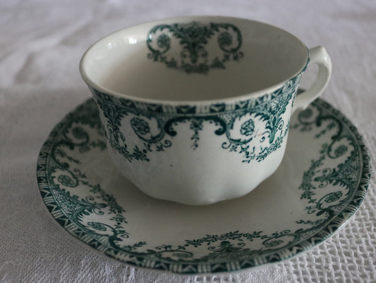 English turquoise transferware cup and saucer 'Chatsworth'