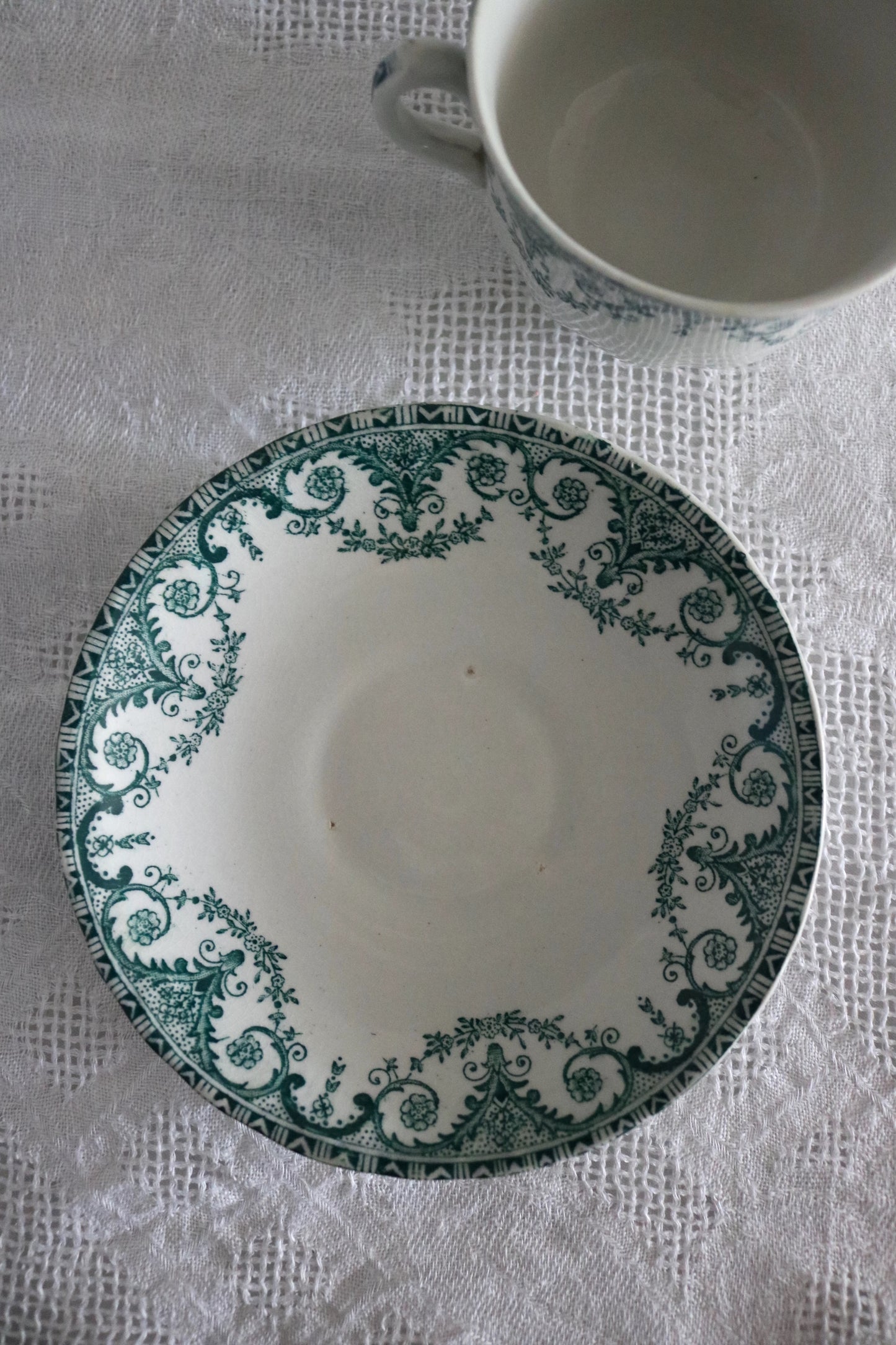 English turquoise transferware cup and saucer 'Chatsworth'