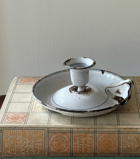 French white enamel chamberstick candleholder