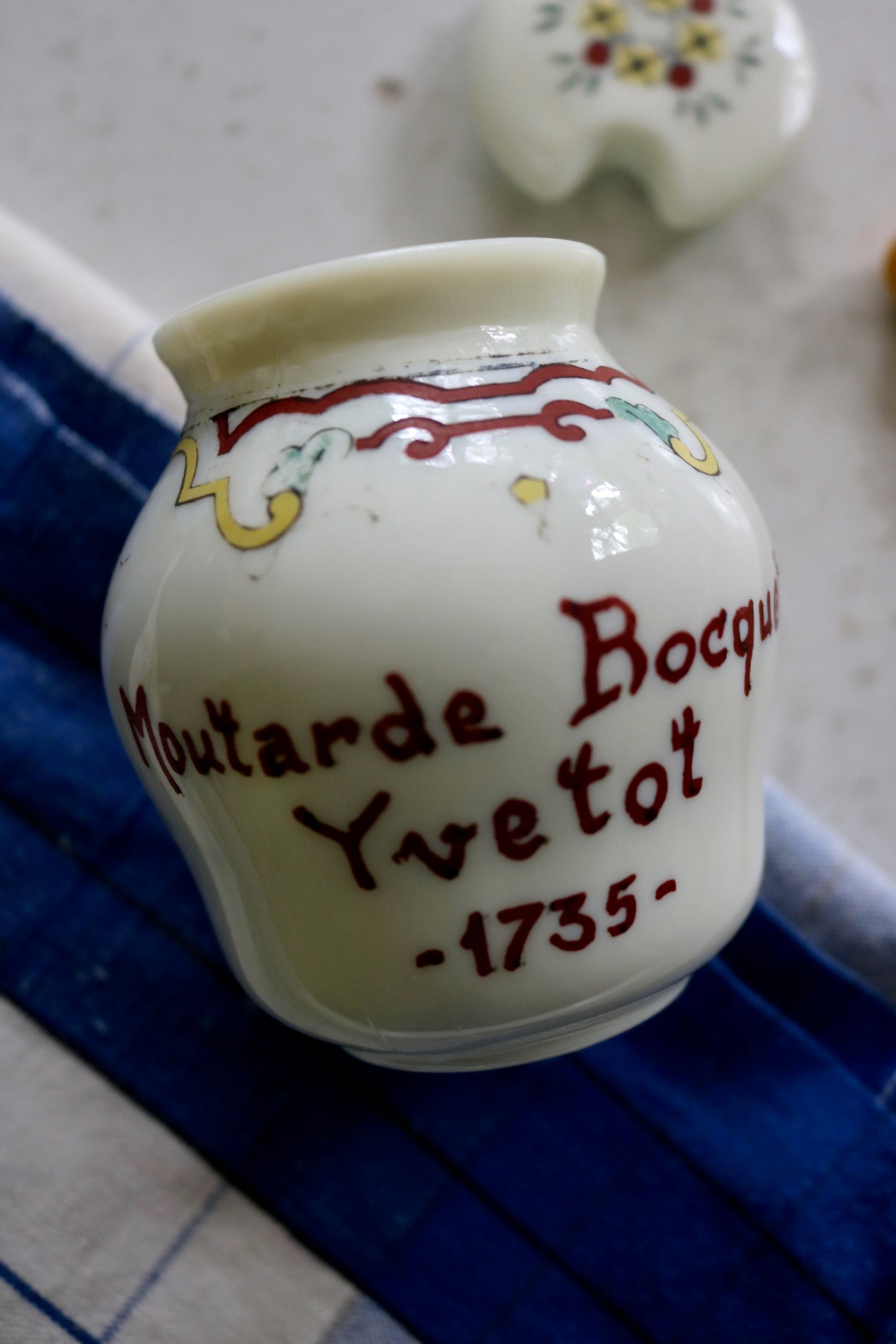 vintage French mustard jar 'Moutarde Bocquet Yvetot 1735'