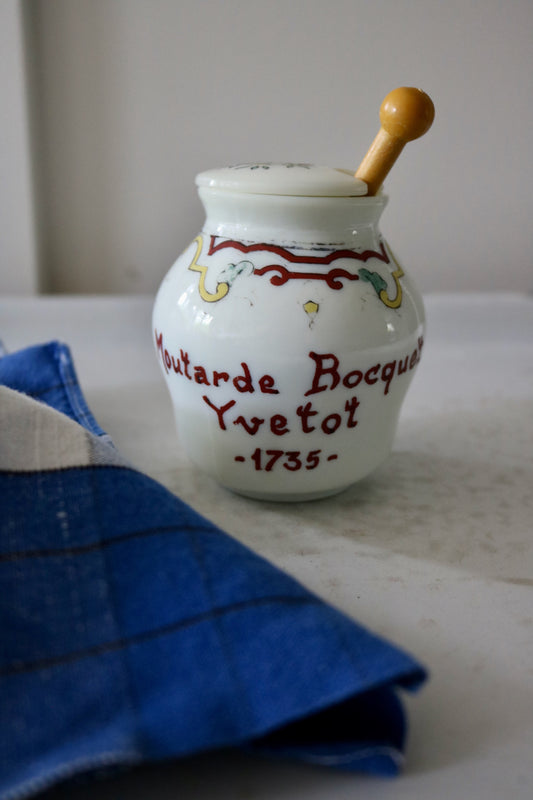 vintage French mustard jar 'Moutarde Bocquet Yvetot 1735'