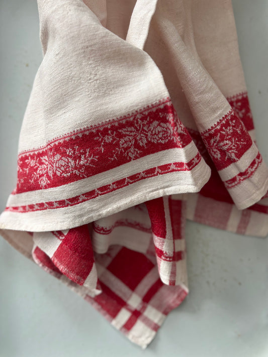 Vintage French Red Damask Monogrammed Hand Towel