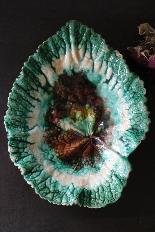 antique Victorian Majolica begonia leaf dish