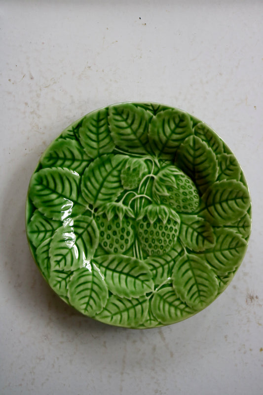 vintage green Bordallo Pinheiro Portuguese pottery strawberry plate