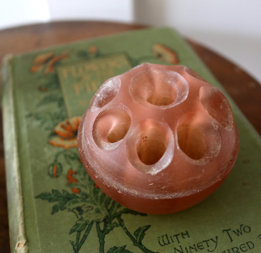 vintage peach frosted glass flower frog
