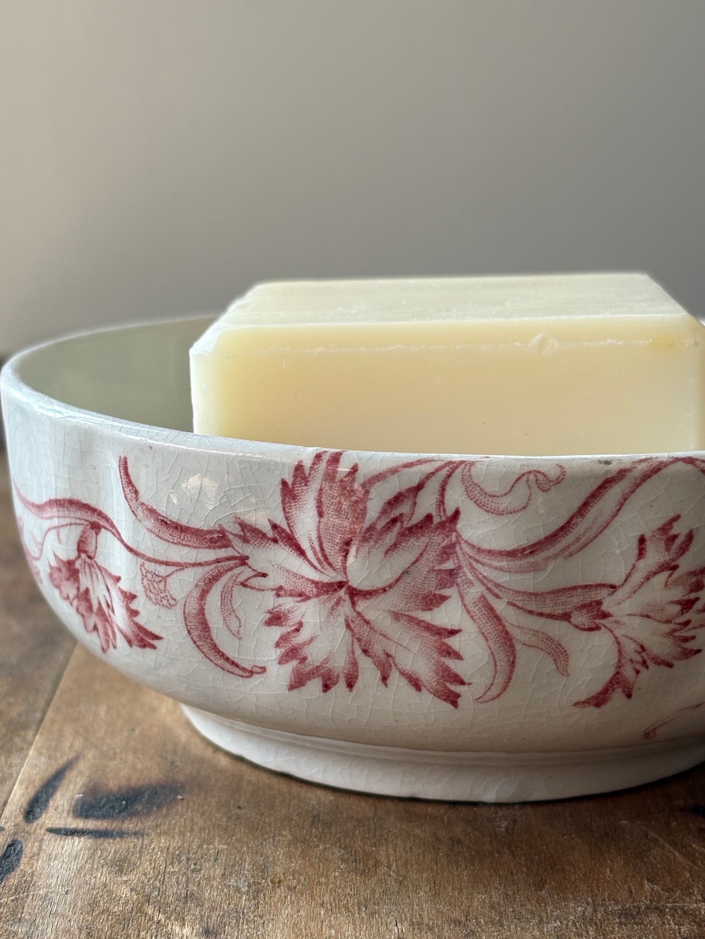 antique pink floral transferware soap dish with drain plate