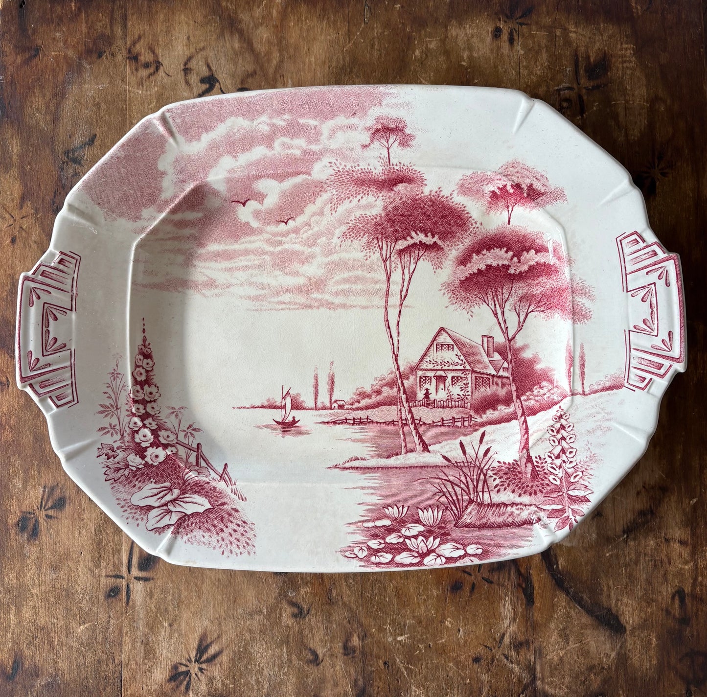 English art deco era red transferware serving platter - Palissy "Lakeland"