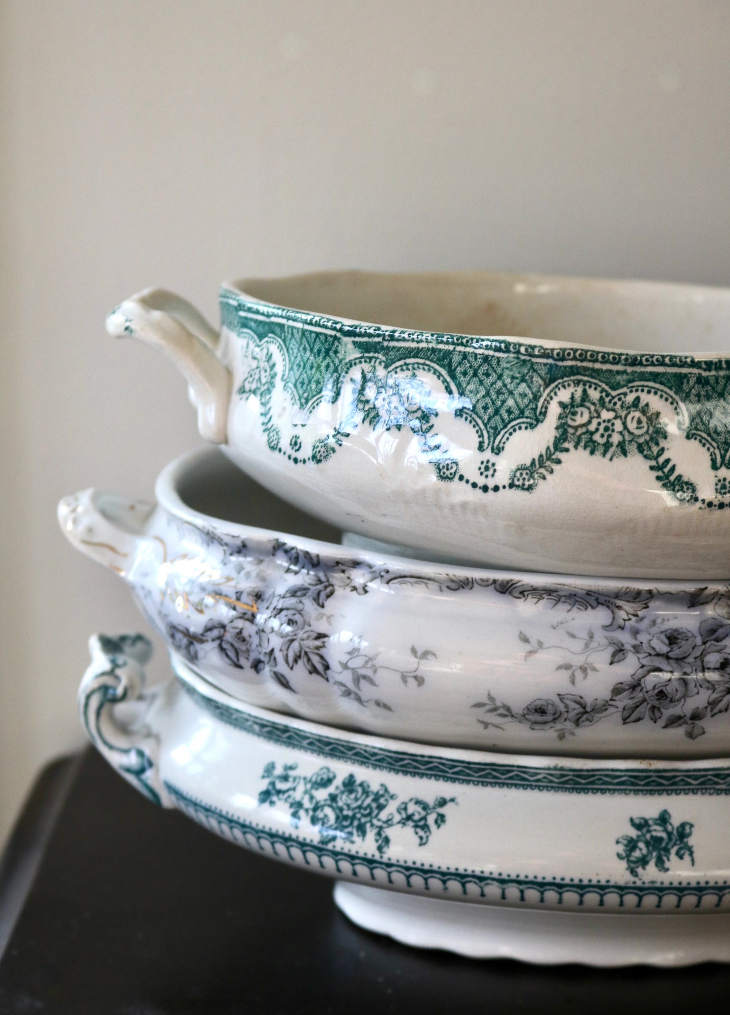 Antique English green transferware tureen