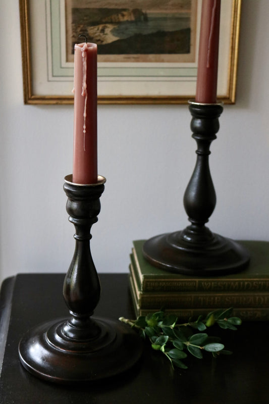 antique turned wood candle holders, set of 2