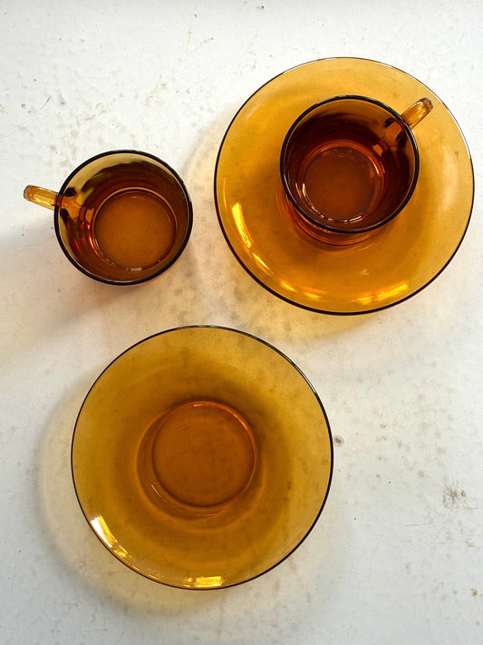 vintage French amber glass espresso cup and saucer by Duralex, set of two