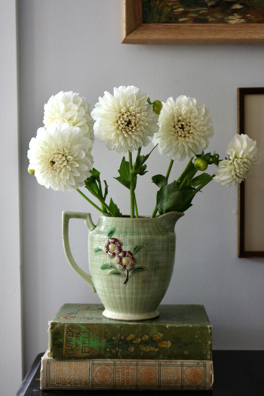 vintage green basketweave and floral pattern ceramic jug