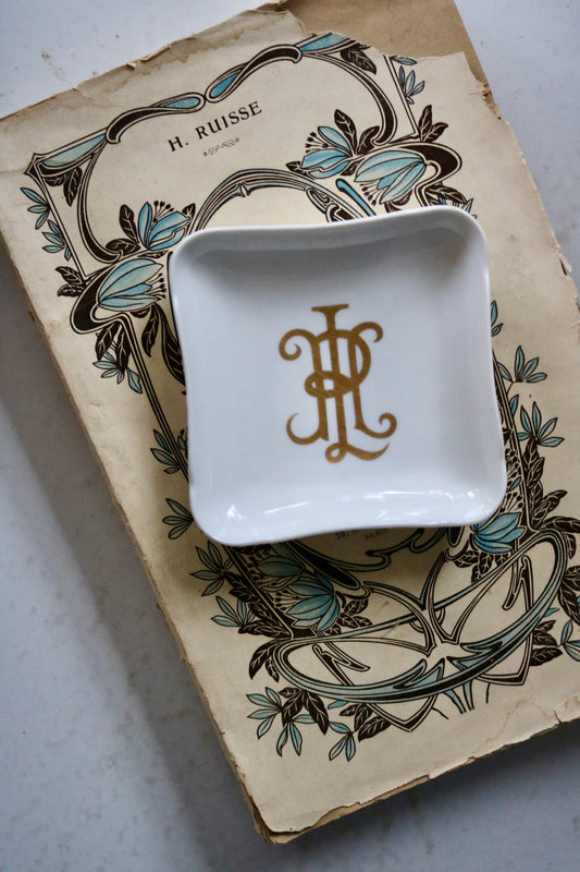 vintage French Pillivuyt porcelain monogrammed trinket or ring dish