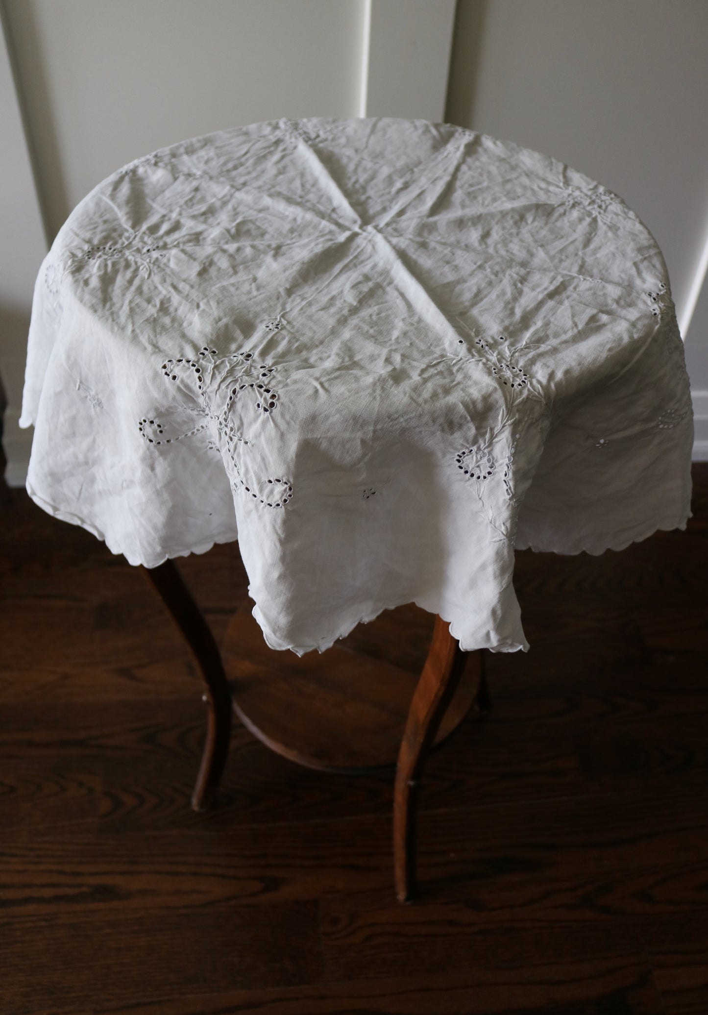 vintage round white linen table cloth