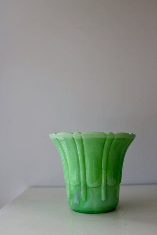 small green Akro Agate flower pot or vase