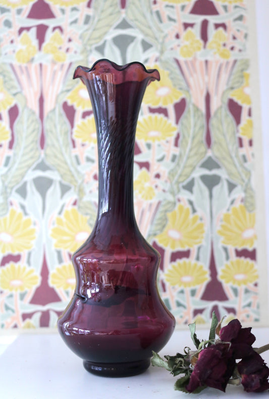 vintage amethyst purple glass bud vase with ruffled rim