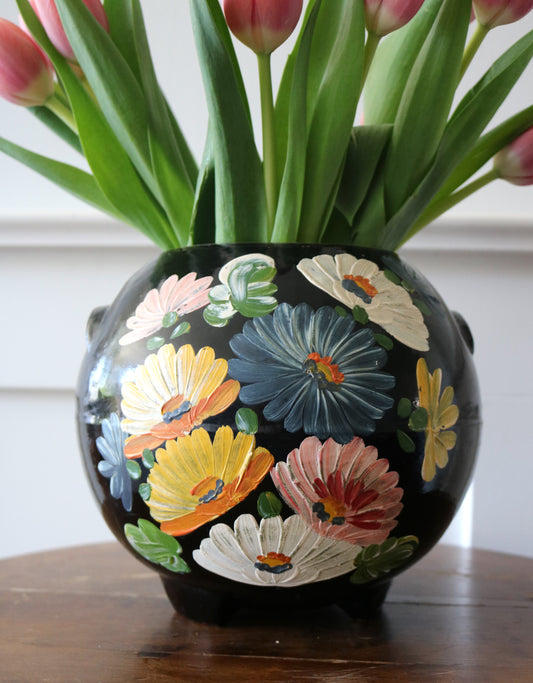 vintage hand painted floral vase, Ransburg Pottery