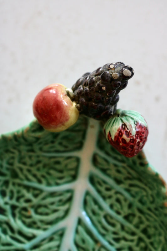 vintage Bordallo Pinheiro Portuguese green cabbage leaf dish with fruit