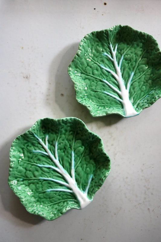vintage green Bordallo Pinheiro cabbage plates, set of two