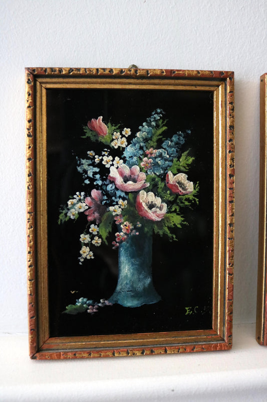 Vintage floral still life painting on glass, signed