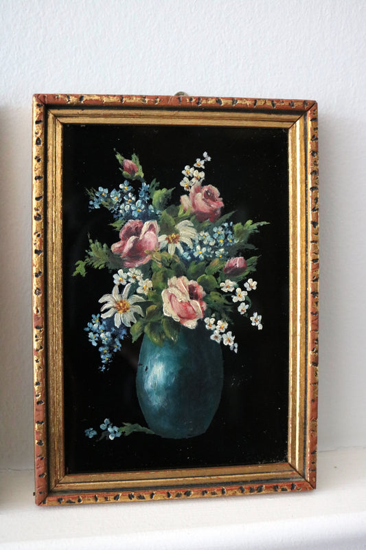 Vintage floral still life painting on glass