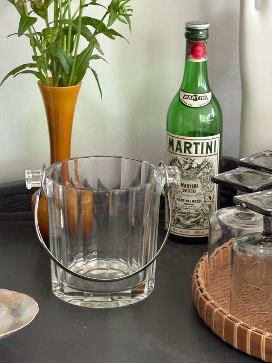 vintage Italian crystal glass ice bucket with stainless steel handle