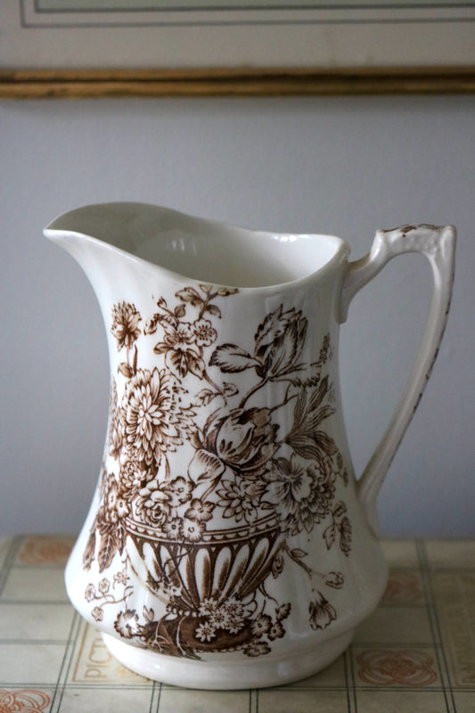 vintage English Alfred Meakin "Floral Bounty" brown transferware pitcher
