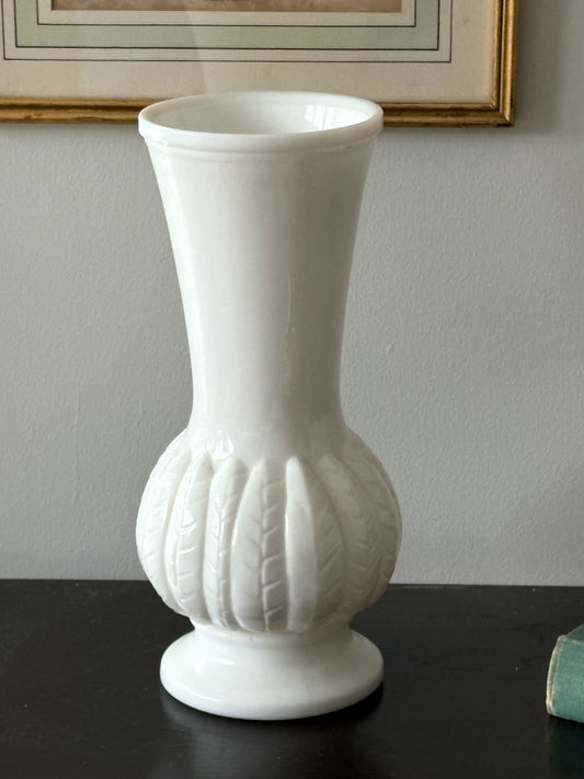 vintage milk glass vase with leaf pattern