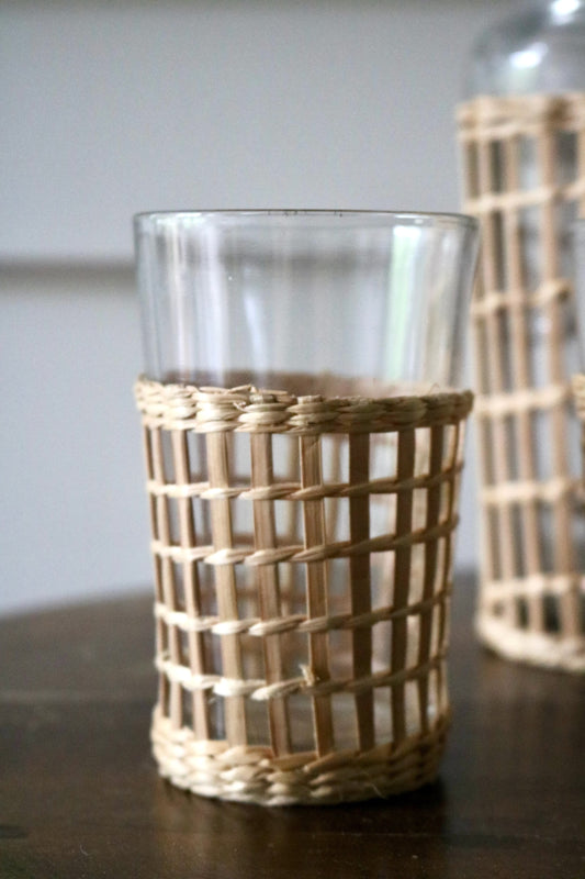 vintage seagrass drinks set - two glasses and one large jar or carafe