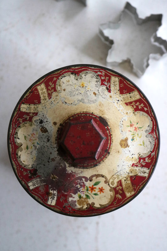 vintage English red floral sweet tin