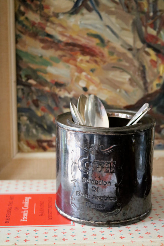 vintage silver plate HBC coffee canister tin
