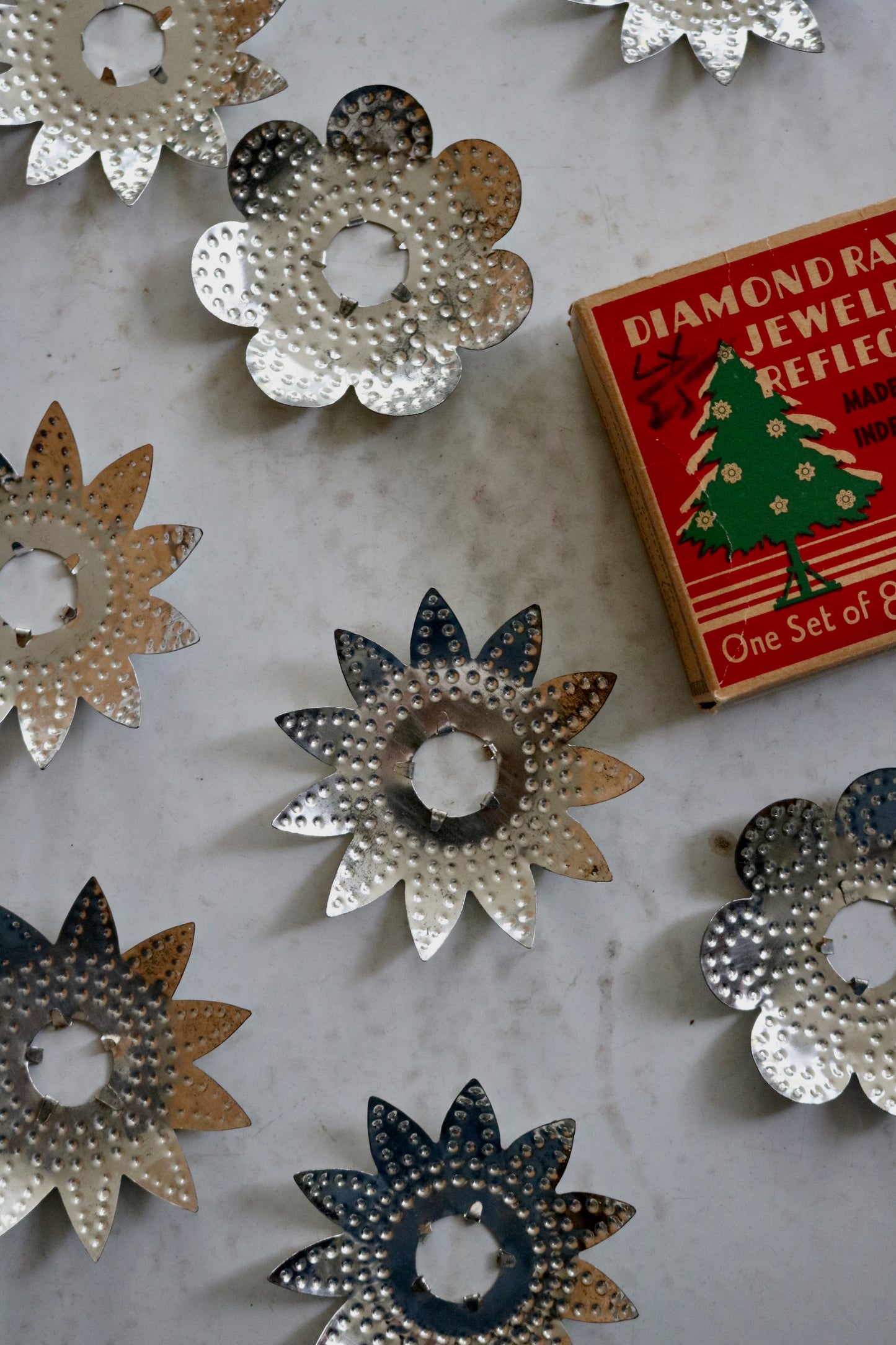 vintage punched metal Diamond Ray Christmas tree light reflectors