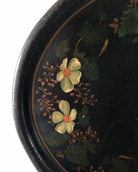 vintage hand-painted floral black enamel toleware tray - local pickup or delivery only