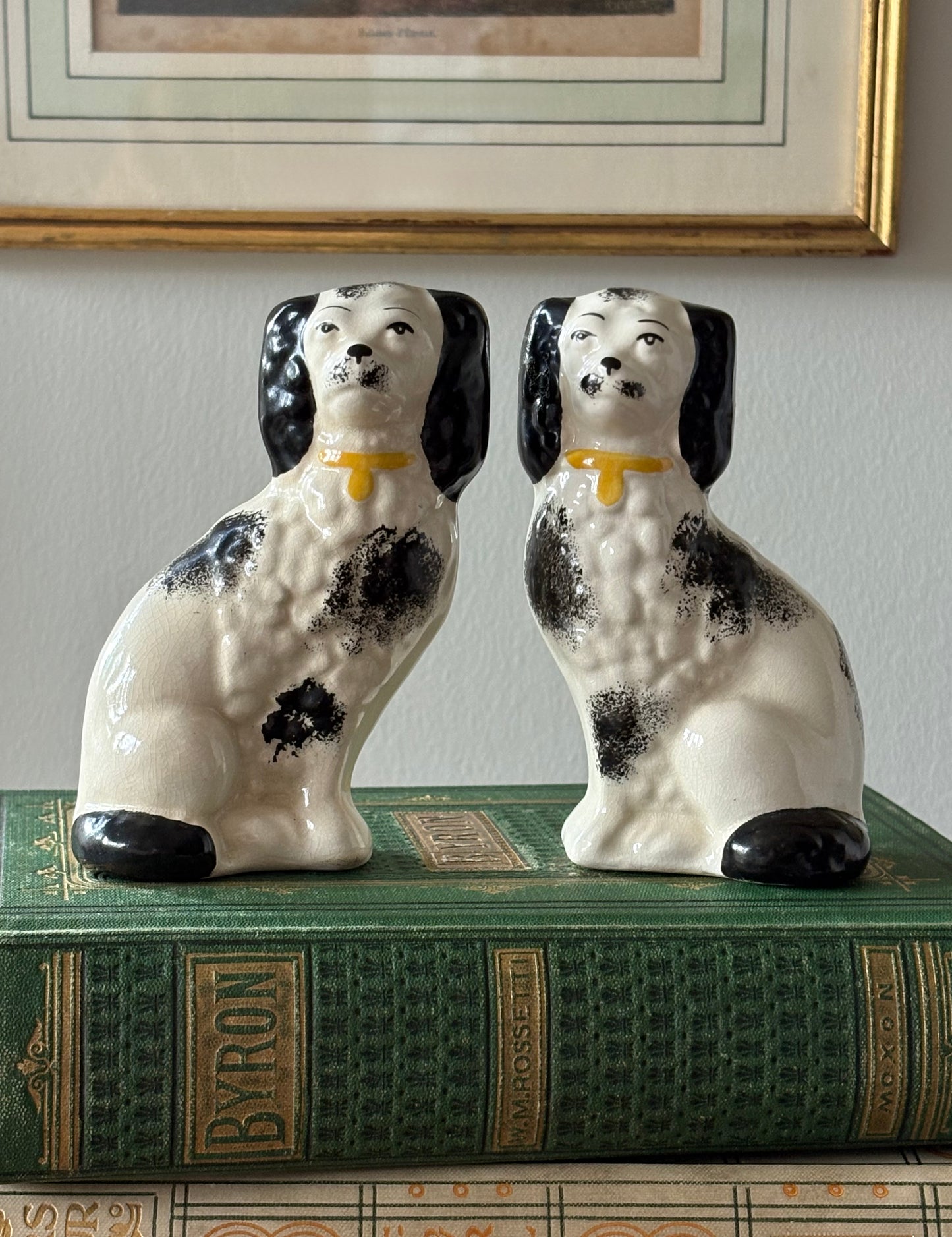Vintage black and white Staffordshire style dogs