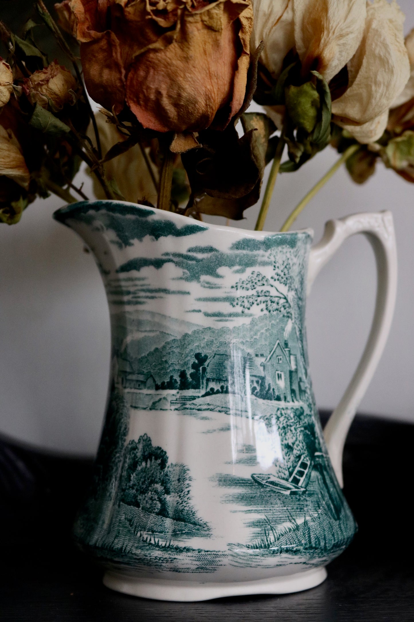 Vintage English teal transfer ware water pitcher jug by Alfred Meakin