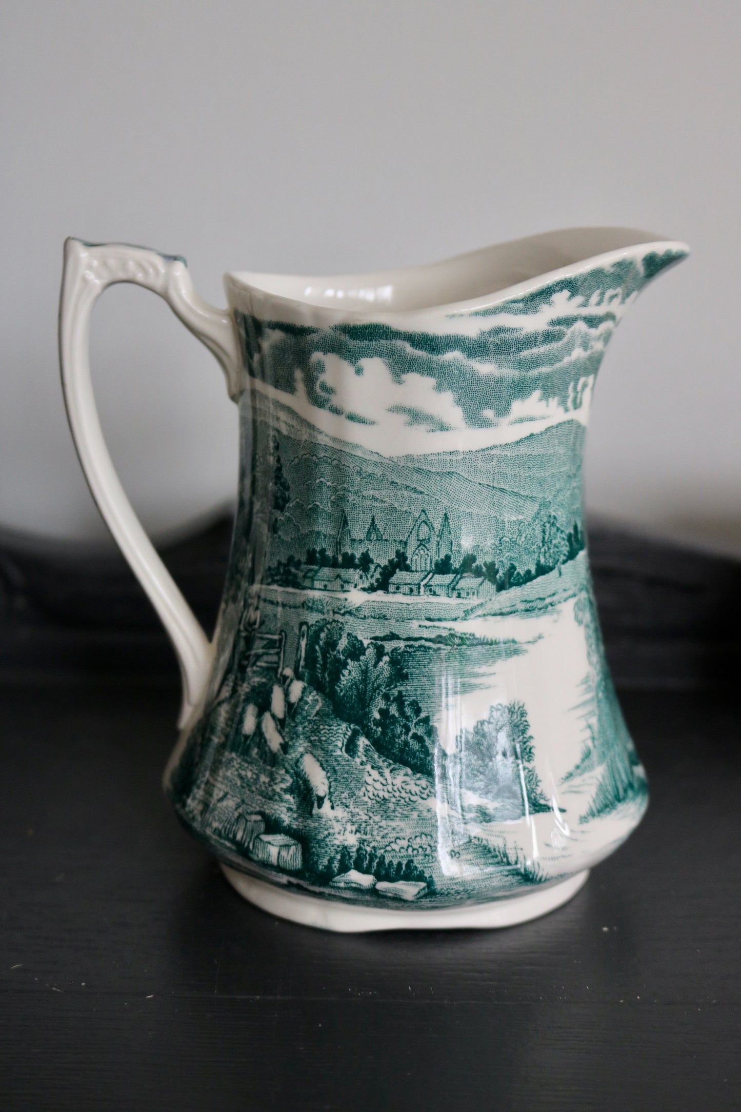 Vintage teal transfer ware water pitcher by Alfred Meakin