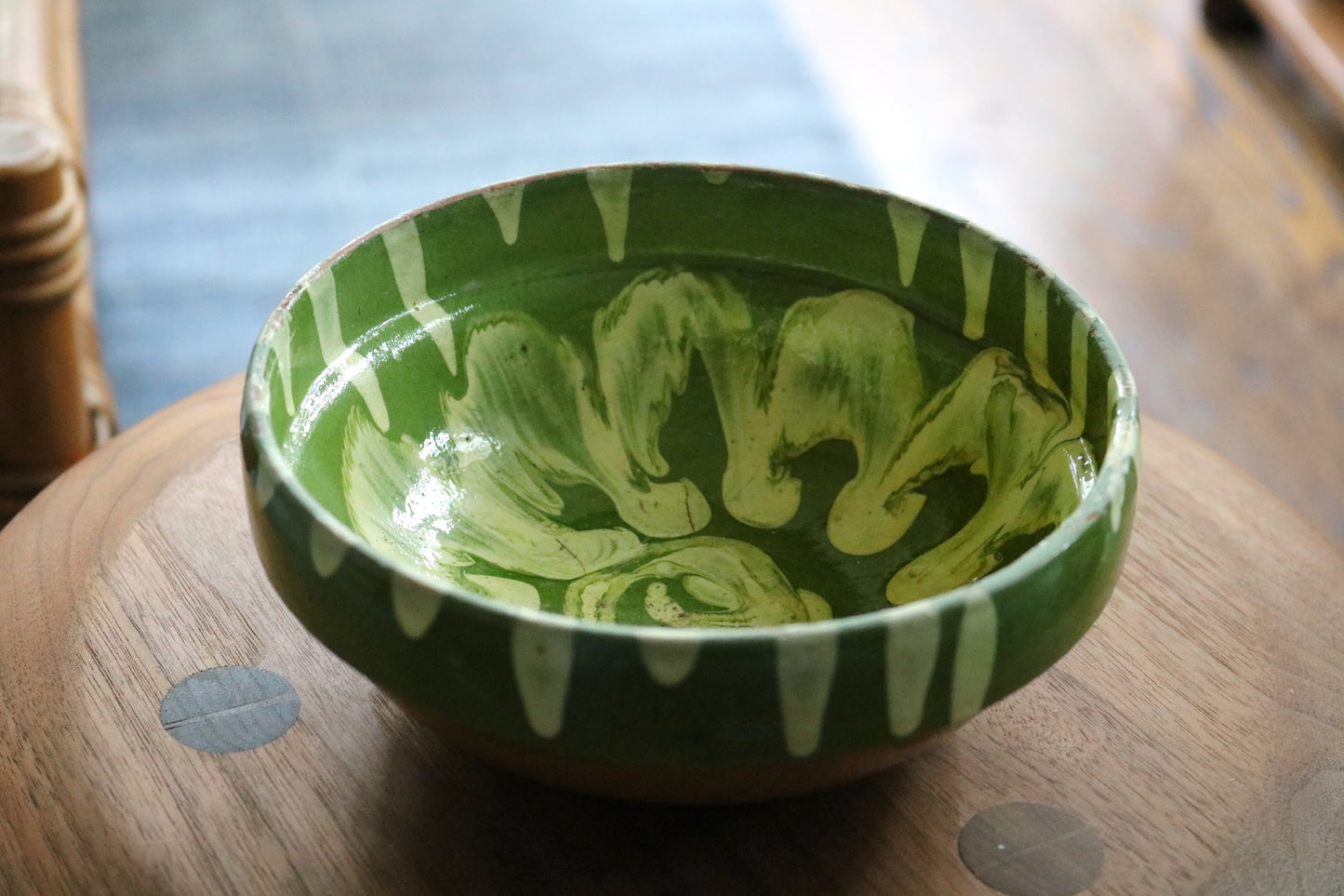 rustic vintage European terracotta glazed folk art bowl