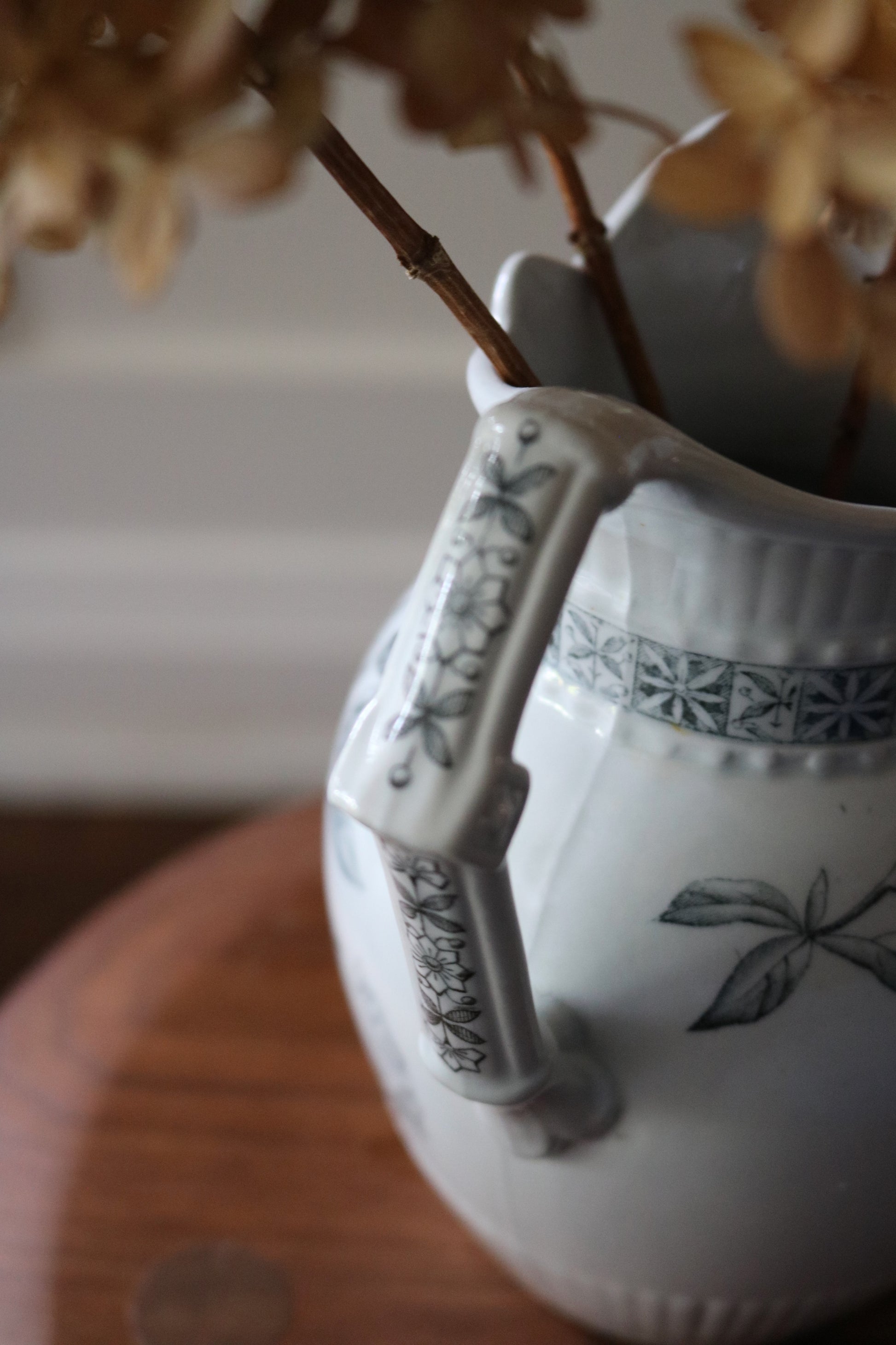 antique floral black Johnson Brothers transferware pitcher