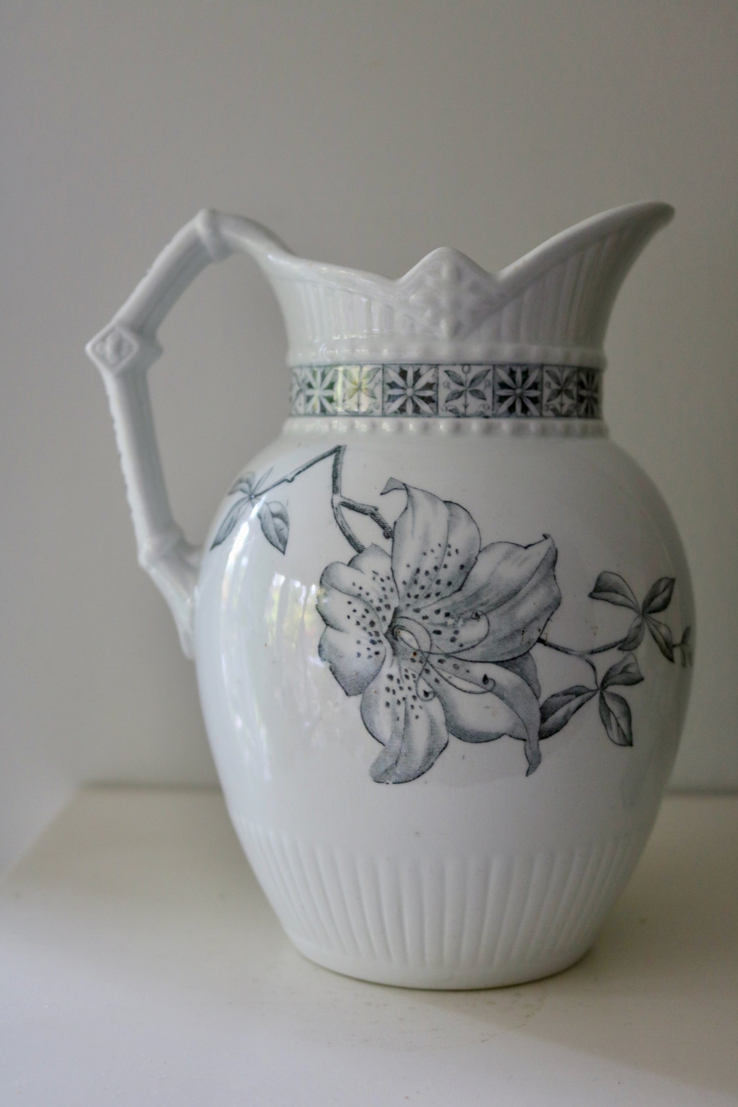 antique floral transferware pitcher
