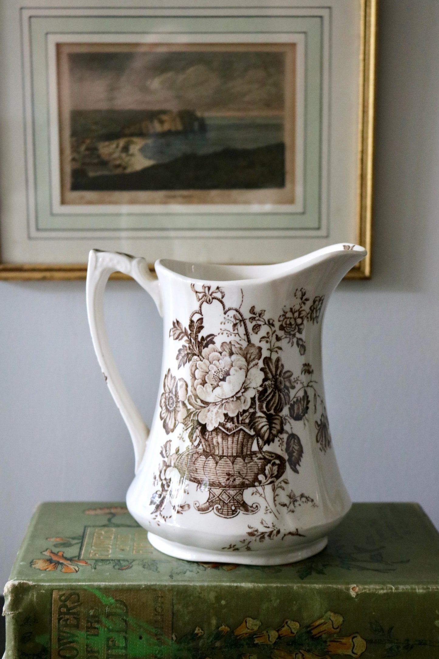 vintage English Alfred Meakin "Charlotte" brown and white transferware pitcher