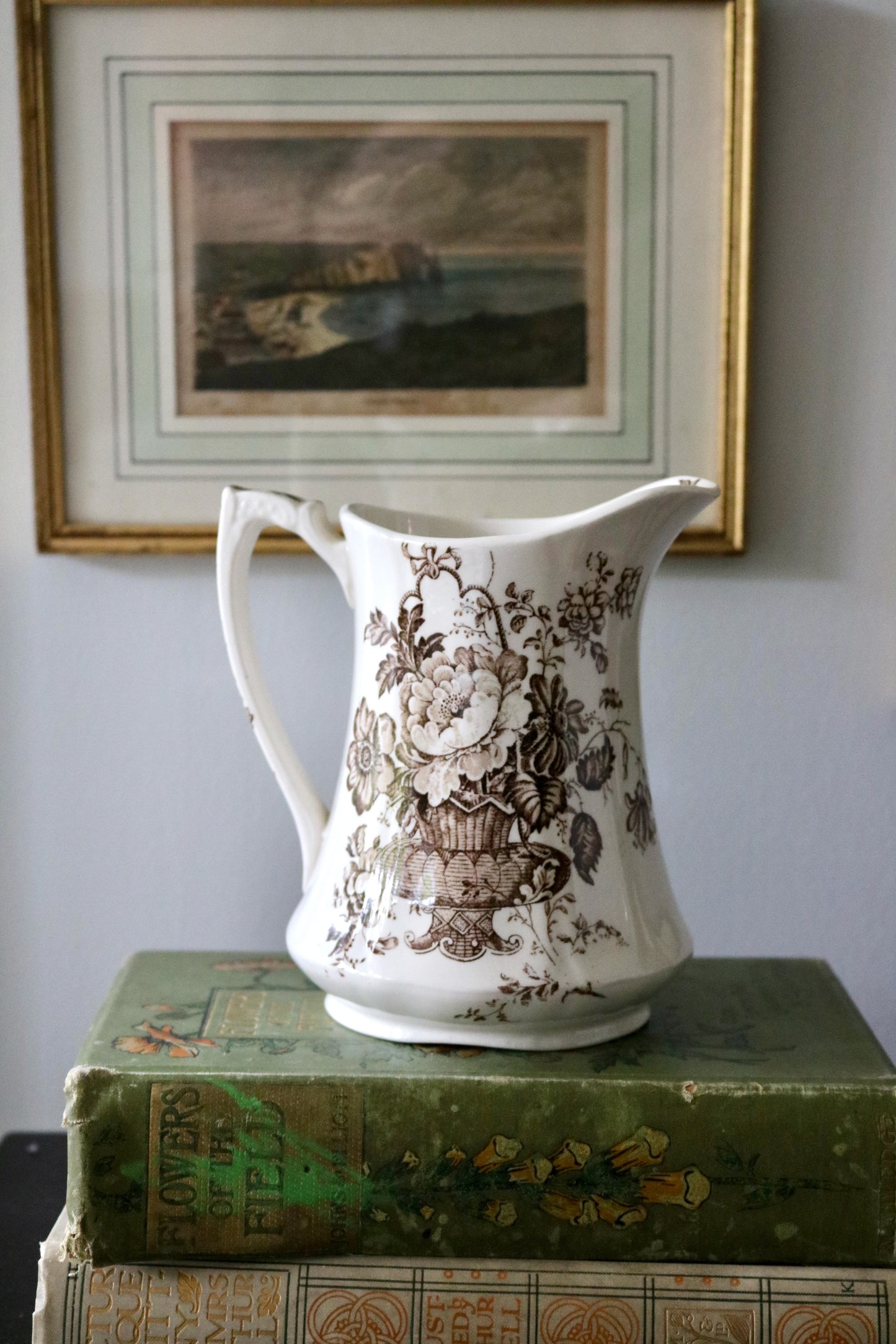 vintage English Alfred Meakin "Charlotte" brown and white transferware pitcher