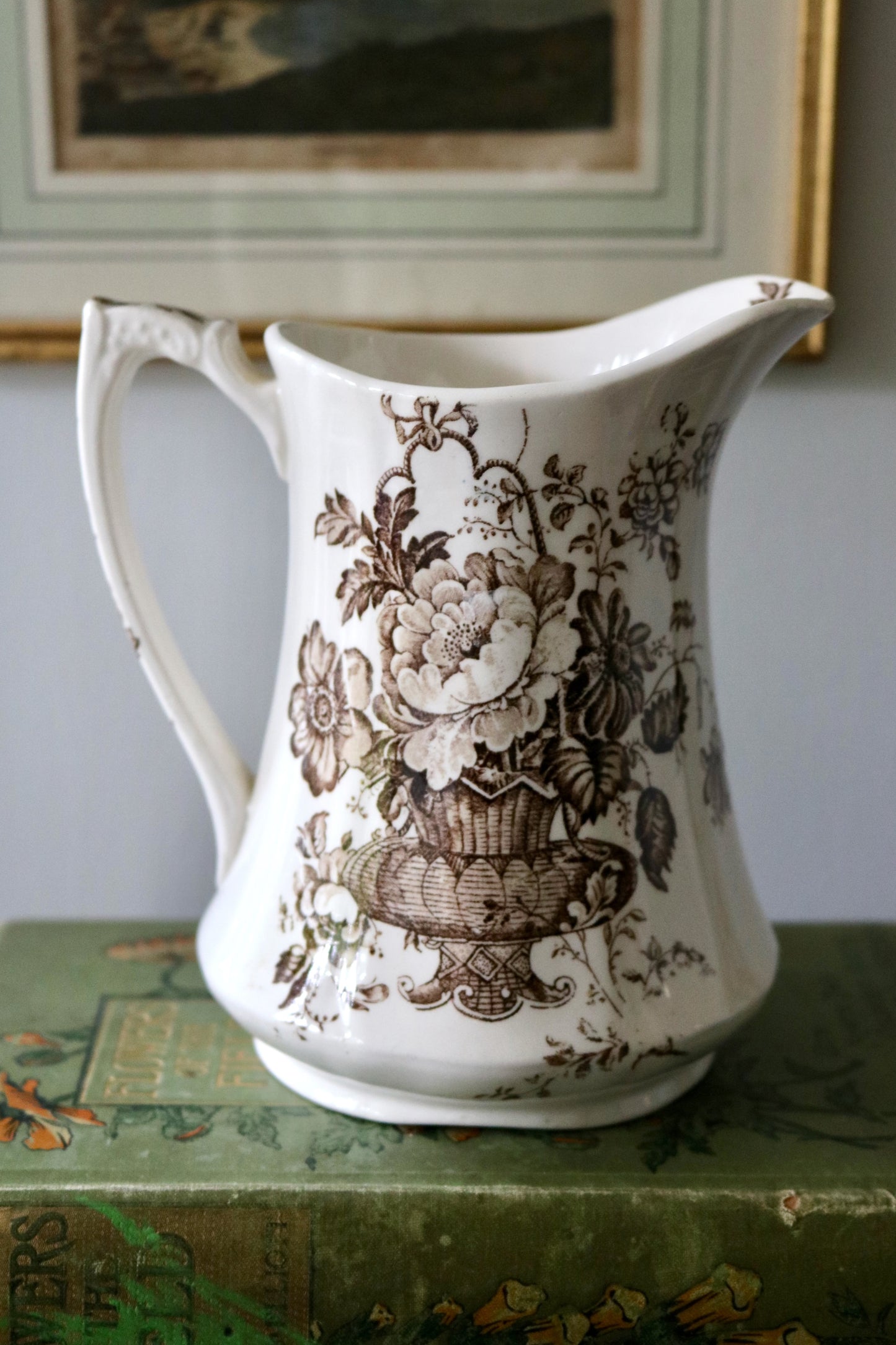 vintage English Alfred Meakin "Charlotte" brown and white transferware pitcher