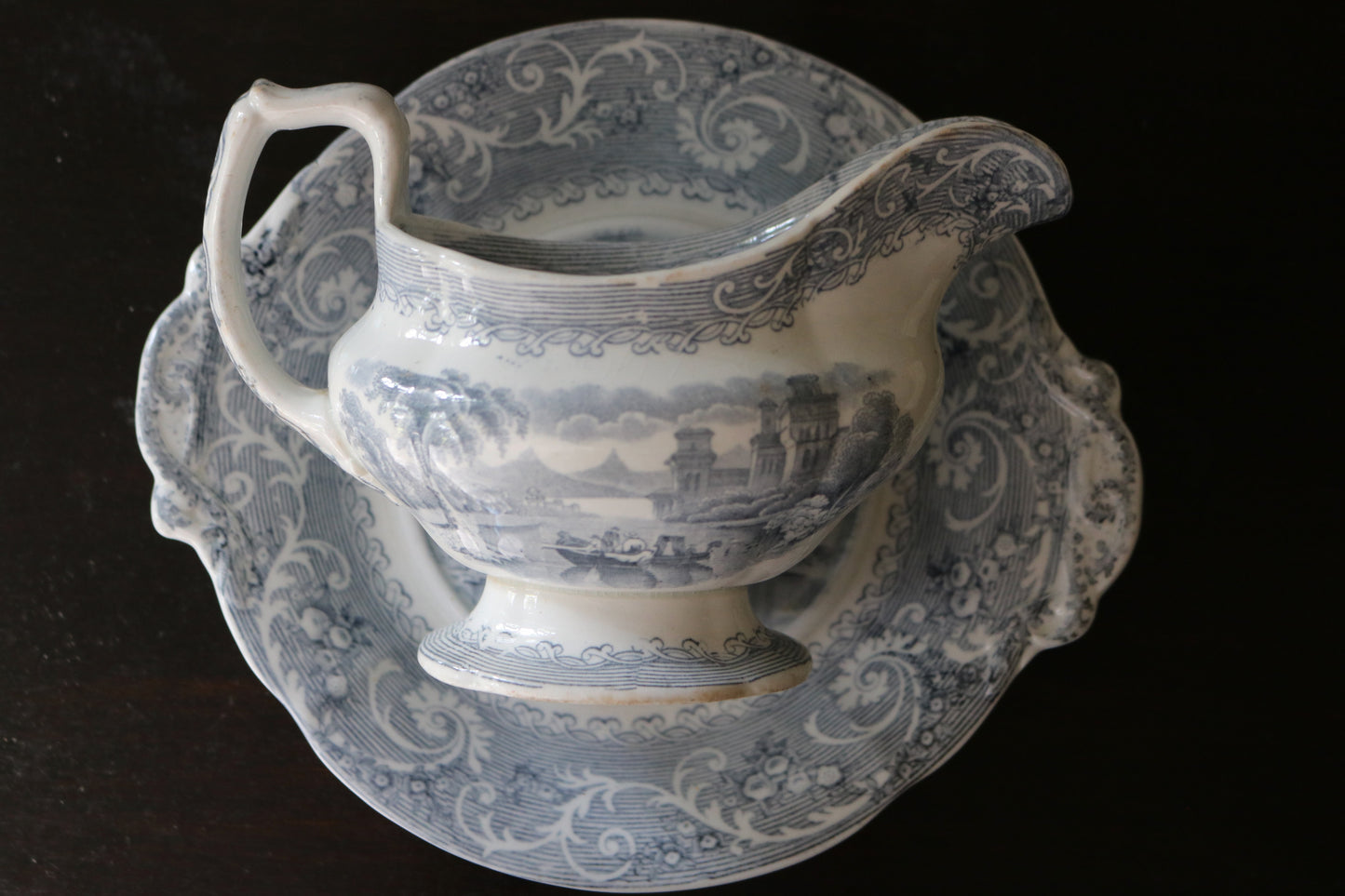 antique Rhine pattern blue transferware gravy sauce serving set