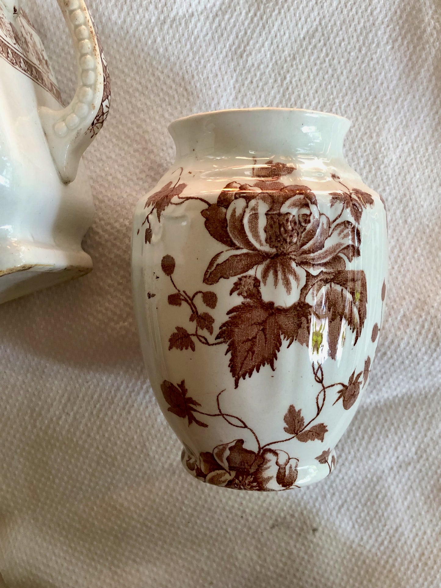 brown and white English transferware toothbrush holder by F. Winkle & Co.
