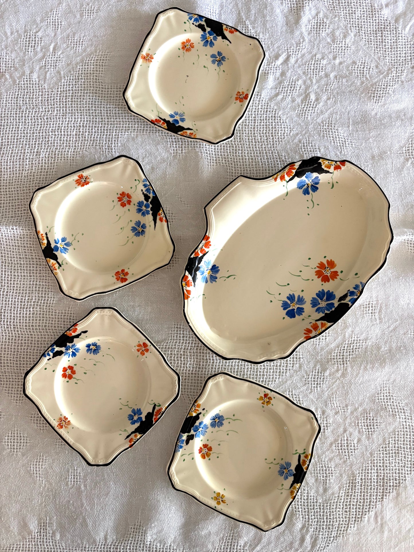 Antique English hand-painted 5-piece serving set 'Alfred Meakin'