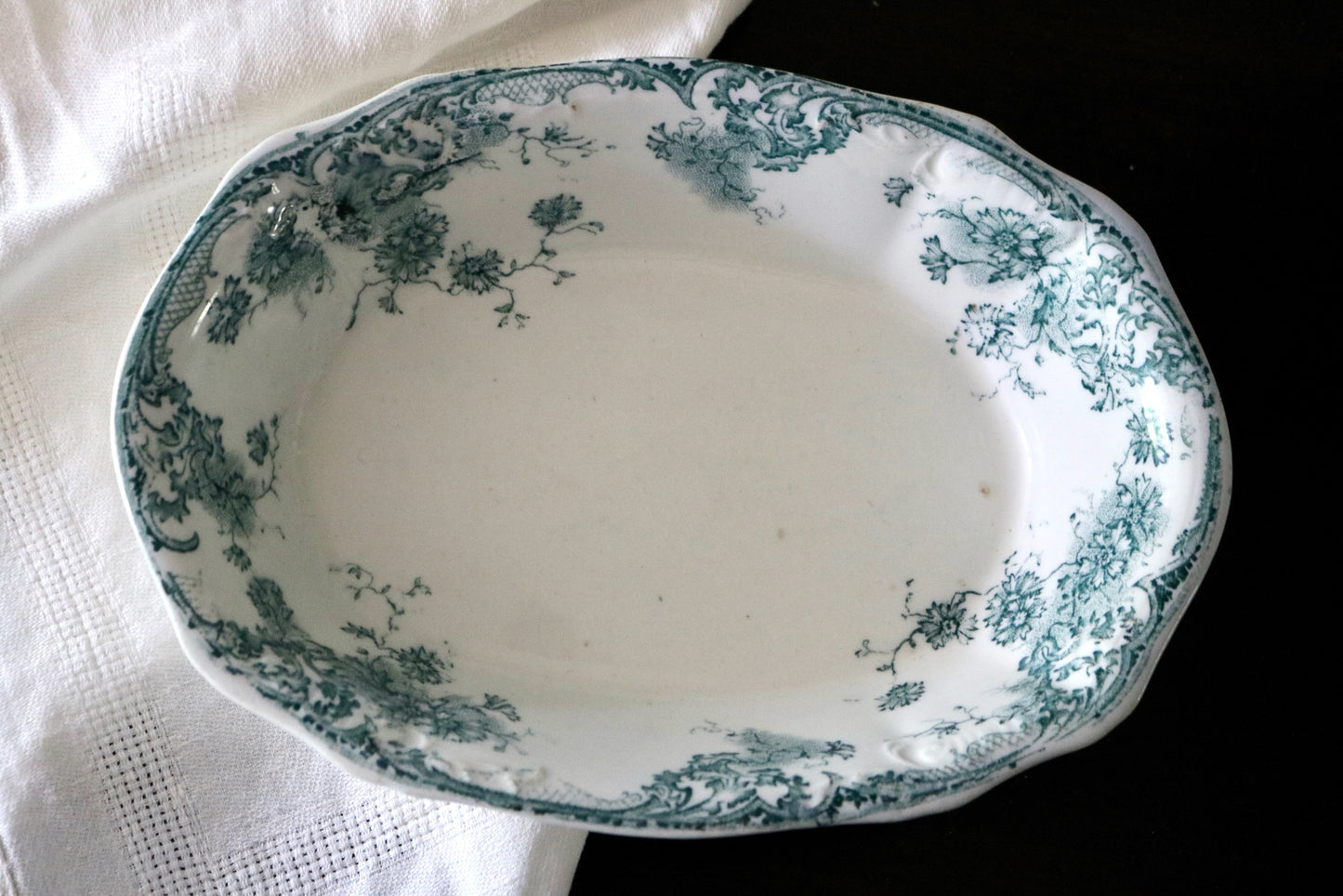 antique English teal blue transferware serving dish